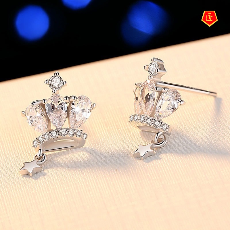 [Ready Stock]Silver Fashion Elegant Mini Crown Female Stud Earrings