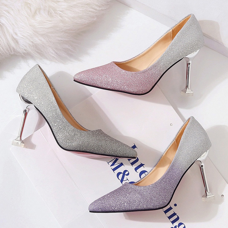 Sepatu Hak Tinggi Wanita Pernikahan Pengantin Terbaru Korea Murah Runcing Elegan Modis Warna Gradient Ungu Abu Purple Pink Grey Import Pointed Toe Stiletto Pump 9cm High Heels Wedding Shoes - Ukuran 34 35 36 37 38 39 40