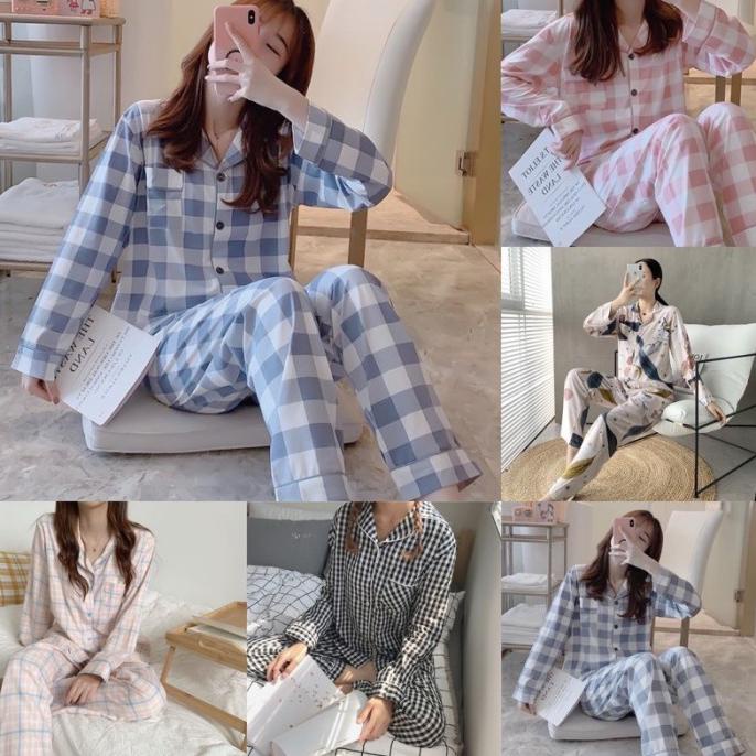 Setelan Piyama Import Wanita Set Baju Tidur Korea Kotak Lengan Panjang