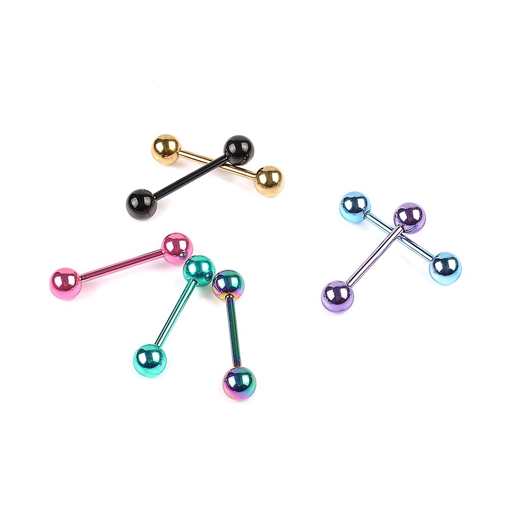 【TERSEDIA &amp; COD】7pc 14G Bedah Baja Barbell Bar Tongue Ring Pier Stud Piercing Warna Yang Berbeda Baru