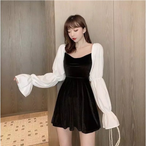 Korean Velvet Pleated Mini Dress Wanita Beludru Lengan Panjang 1334 (S/M/L)