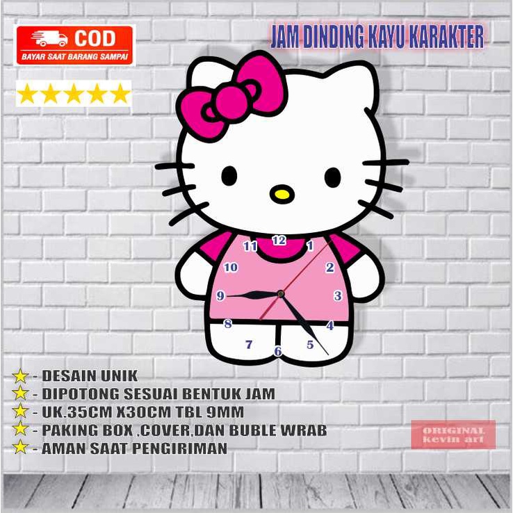 JAM DINDING KAYU HELLO KITTY UNIK ARTISTIK TERBARU MURAH