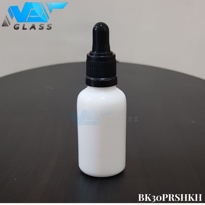 botol kaca pipet 30ml tebal putih keramik - ring segel hitam