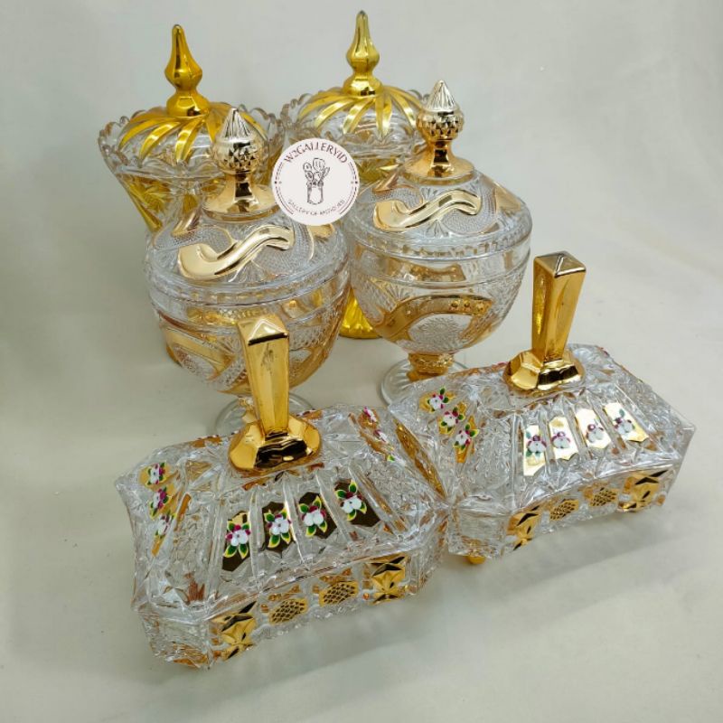 Set Wadah Kaca Mewah/wadah antik saji kaca/wadah saji kaca lis emas