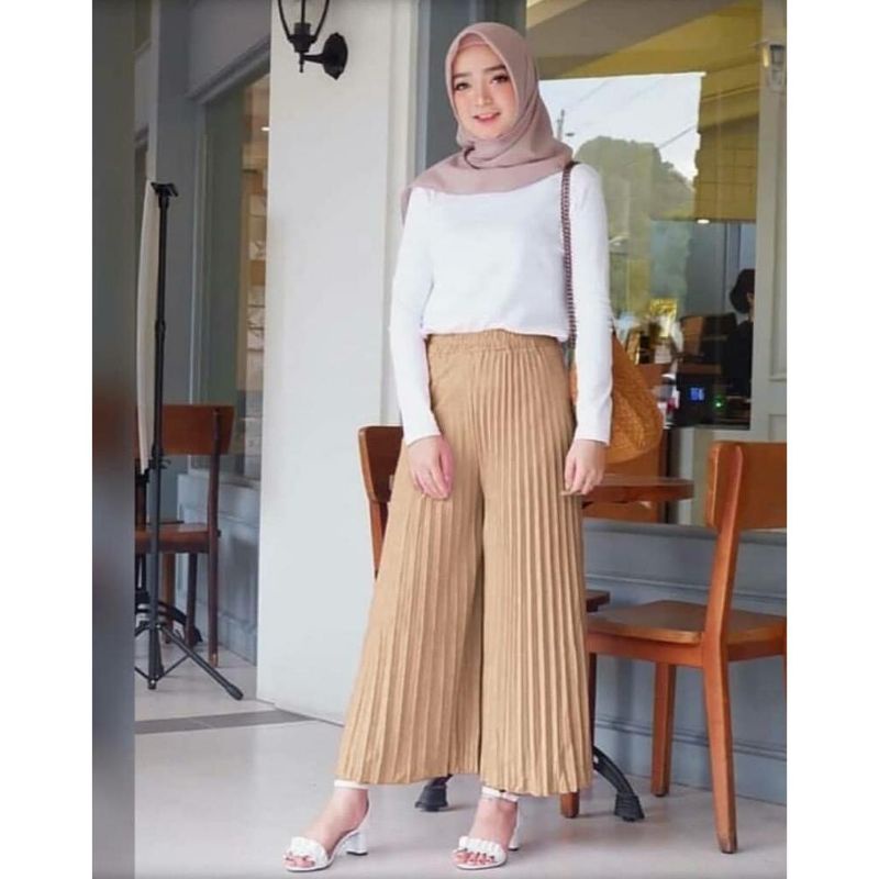 Celana panjang kulot salur / plisket / pliskit wanita allsize fit L XL harian santai murah