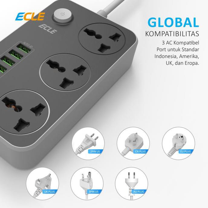 Ecle Power Strip Portable Stop Kontak 3 Power Socket 6 Smart Usb Port Promo