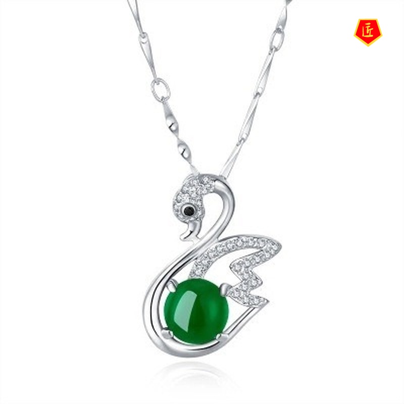 [Ready Stock]Crystal Swan Necklace Women's Platinum Green Chalcedony Pendant Korean Simple Elegant