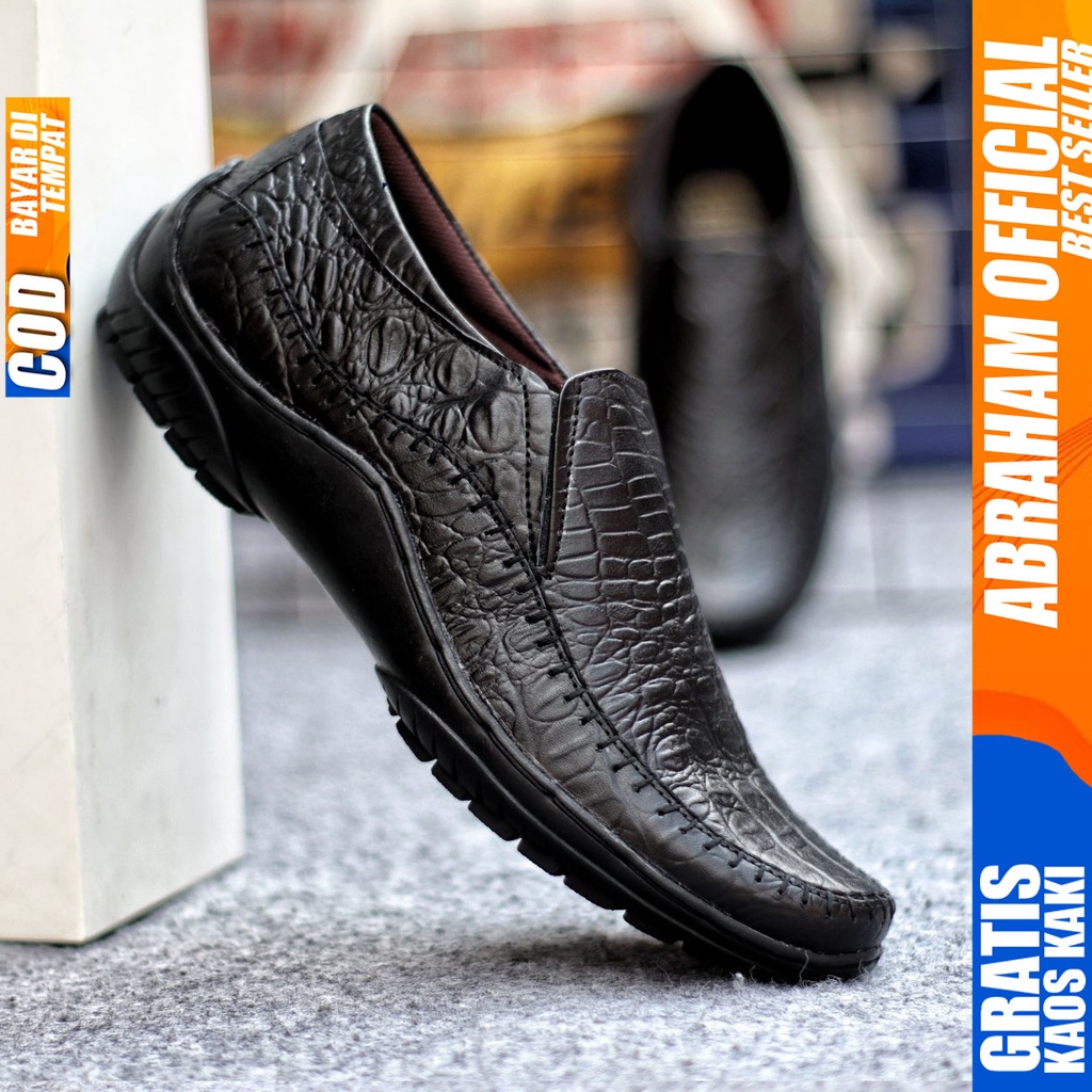 Sepatu Casual Pria Formal Slip On Pantofel Kulit Asli Kerja Kantor Kondangan Kuliah Hitam Fashion Shoes Terbaru Murah Kekinian Original CROCO ABRAHAM