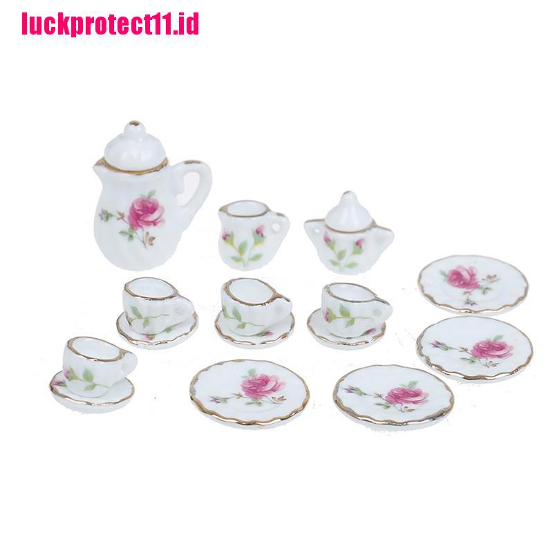 Lucktoy 15pcs / Set Miniatur Cangkir Teh / Kopi Bahan Keramik Porselen Skala 1: 12 Untuk Rumah Boneka