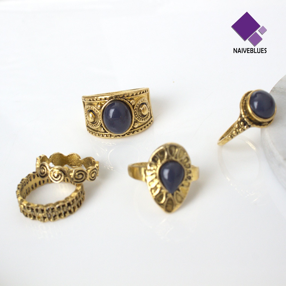 Naiveblue 5Pcs / Set Cincin Gaya Vintage Bohemia Aksen Batu Biru Untuk Perhiasan Wanita