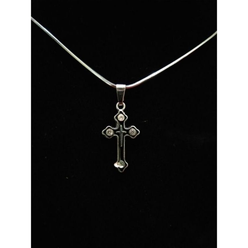 KALUNG SALIB TITANIUM BELUT BULAT LIONTIN HITAM PERMATA CEWEK COWOK ANTI KARAT