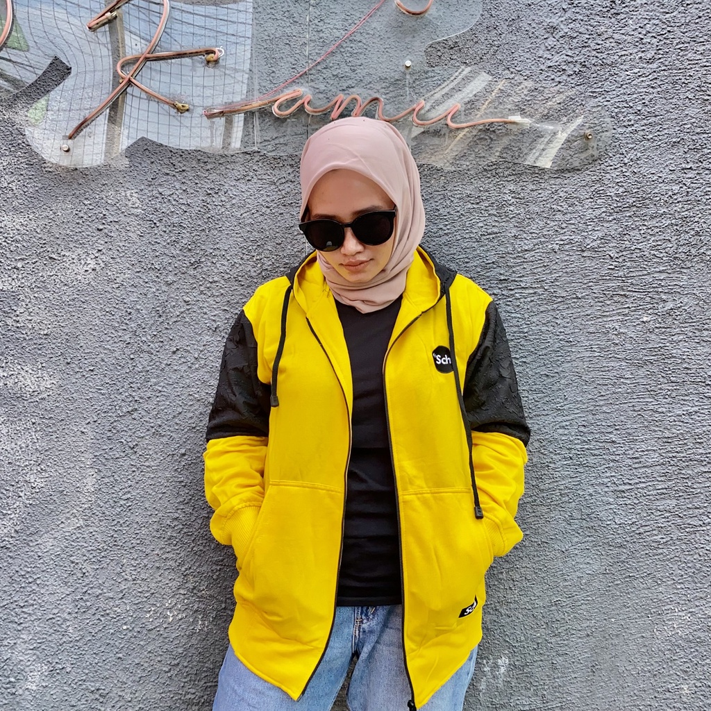 Jaket Sweater Zipper Bordir Kombinasi Qwilting YELLOW S C H