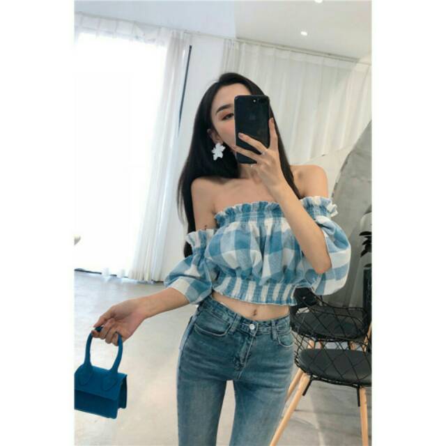 BAJU SABRINA PANTAI KOREA CROP TOP IMPORT