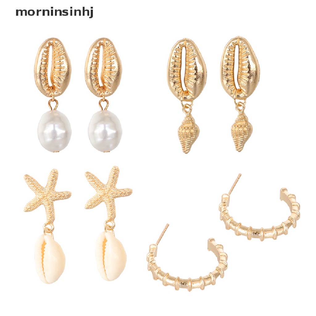 Mornin 4 Pasang / Set Anting Tusuk / Stud Bentuk Kerang Gaya Bohemia