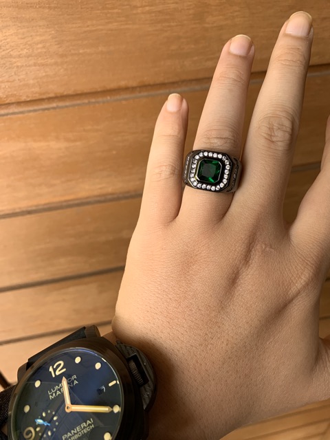 Cincin Pria Akik Zamrud Green Emerald Black Platted Mewah Minimalis Kantoran