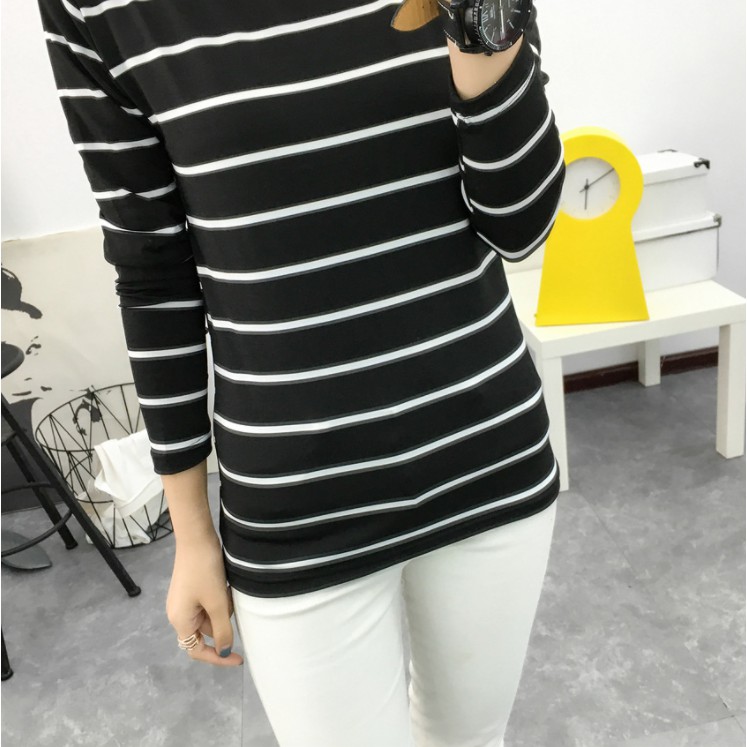 Kaos Wanita Lengan Panjang Kaos Bergaris T-shirt Casual Leher Bulat Kaos Fashion Korean Style