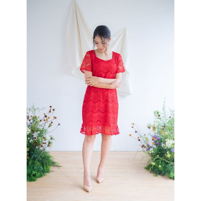 ⚡️ CLEARANCE SALE ♡ PREMIUM ♡ REAL PIC! RED ADAIRE BROCADE BOTTOM RUFFLE LACEY LOOSE DRESS