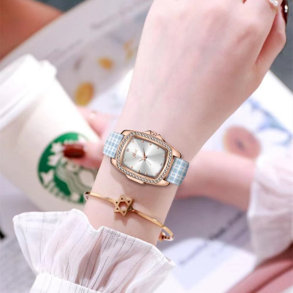 Rowling (Jam-58) Jam Tangan Wanita Kotak Jam Tangan Wanita Quartz Jhui dengan Strap kulit Garis Sintetis Import