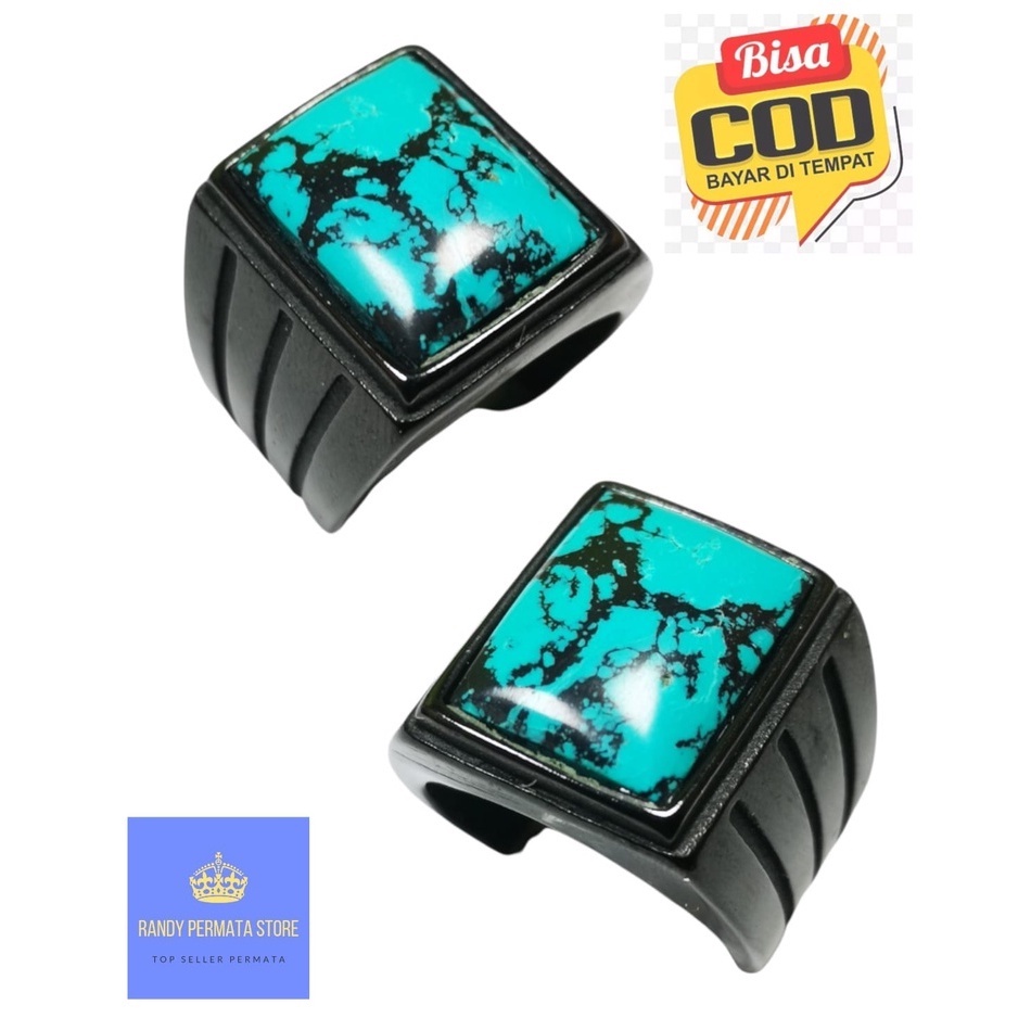 Batu Akik Pirus Biru Ring Titanium Hitam Octagon High Quality