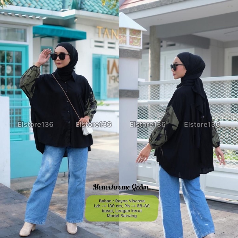 MONOCHROME OVERSIZE BLOUSE MOTIF - ATASAN RAYON FULL KANCING JUMBO / ATASAN RAYON KOMBINASI-MONOCHROME GREEN