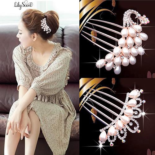 Wedding Bridal Rhinestone Faux Pearls Hairpin Flower Peacock Comb