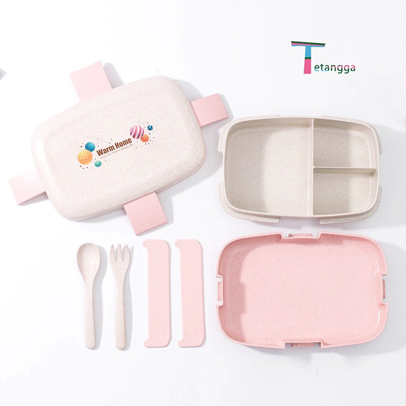 Jerami Gandum Kotak Makan Anti Tumpah Lunchbox Microwavable Anti Tumpah Sekat Free Sendok -Bpa Free