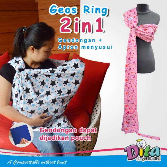 Geos Ring 2in1 gendongan Kaos ringsling dan APron menyusui geos spandek premium Motif babysling