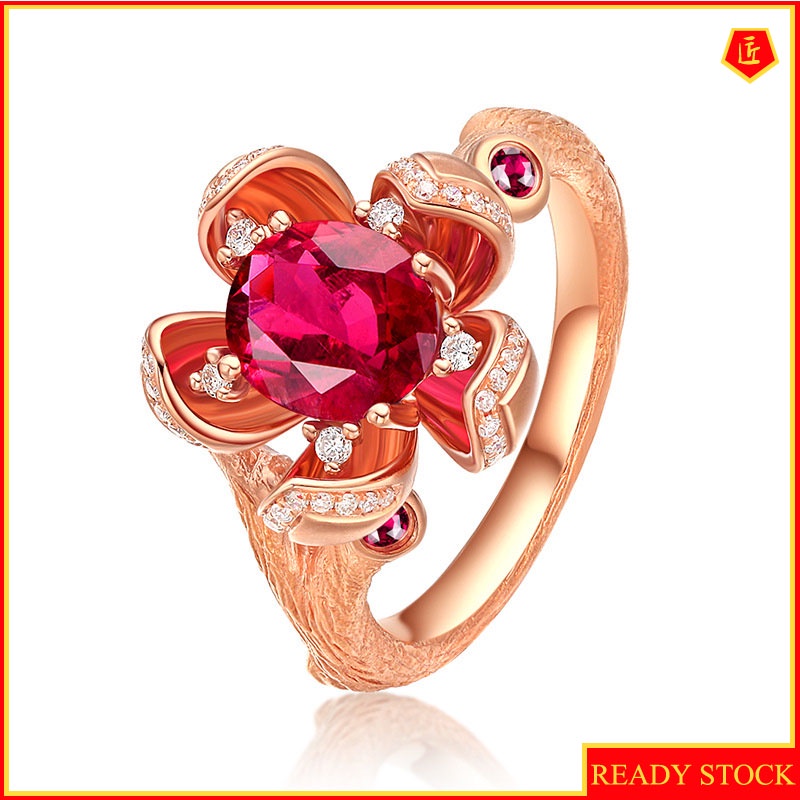 [Ready Stock]Creative Flowers Red Tourmaline Ring 18K Rose Gold