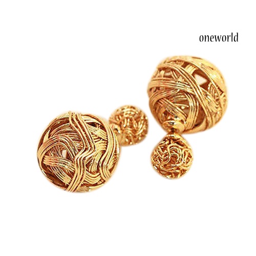 OW@ Women's Fashion Jewelry Double Sides Two Gold Plated Ball Hollowed Studs Earrings