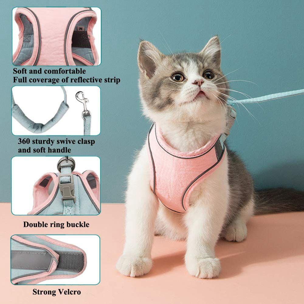 Nickolas1 Cat Harness Dengan Tali Reflektif Luar Ruangan Anjing Tali Lembut Rompi Harness Bernapas Hewan Peliharaan Rompi