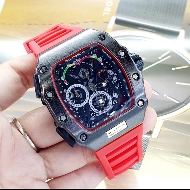 Jam Tangan Pria RM 50-03/01 Mclaren Strap Rubber Crono Dan Tanggal Aktiv Body Hitam Diameter 4,5CM