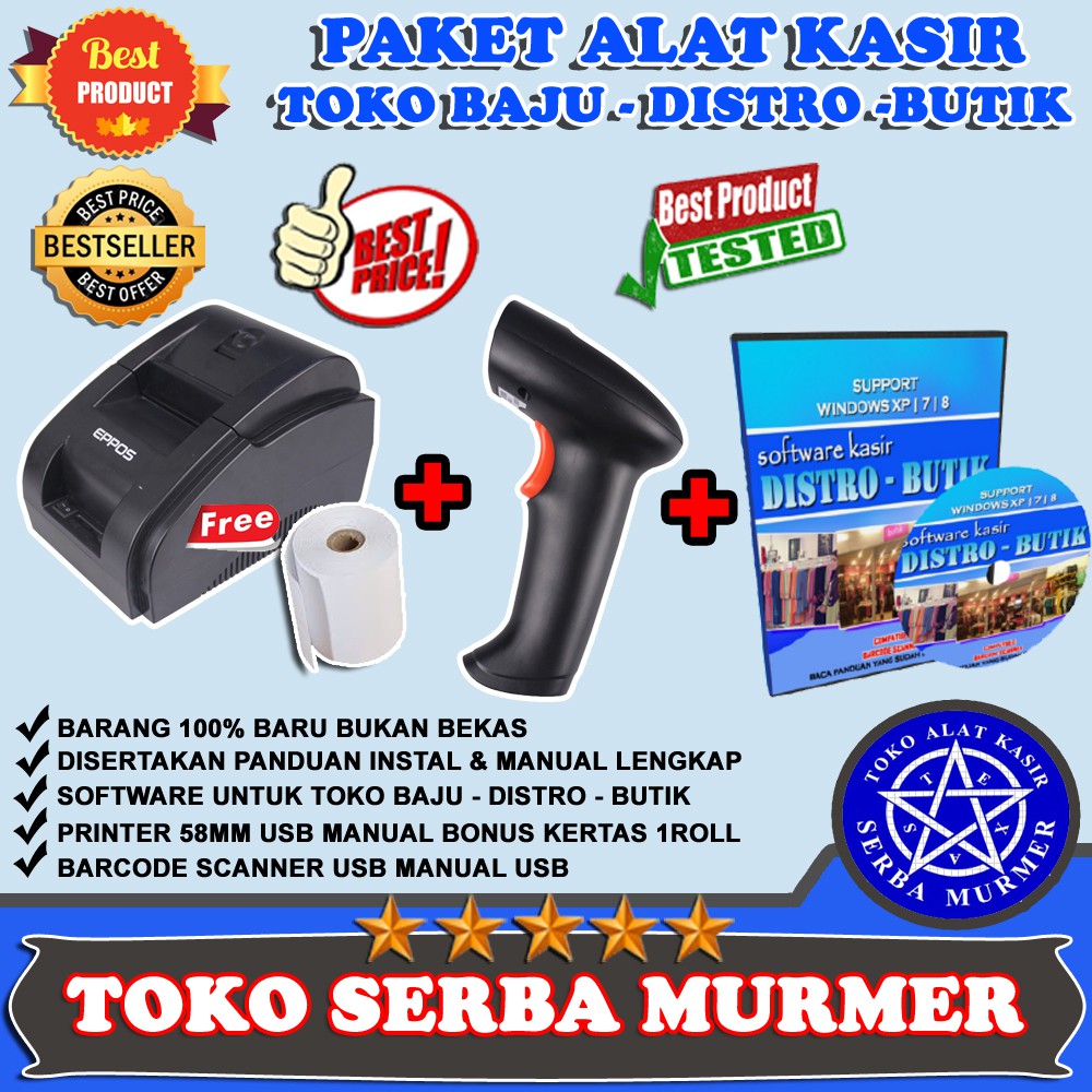 Paket kasir printer thermal scanner barcode program pos toko baju distro butik