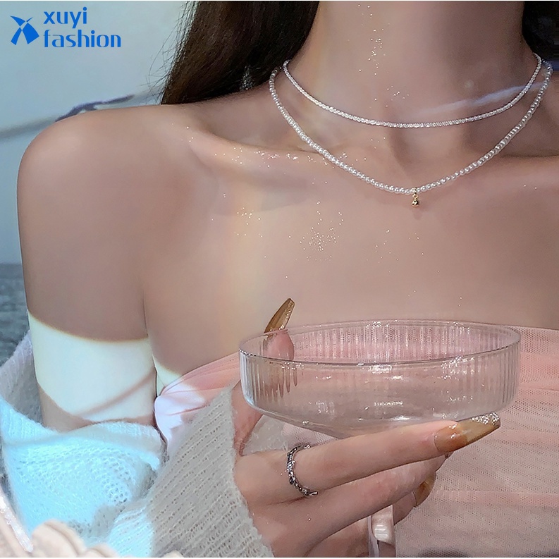 Kalung Choker Rantai Mutiara Dua Lapis Dapat Dilepas Untuk Wanita