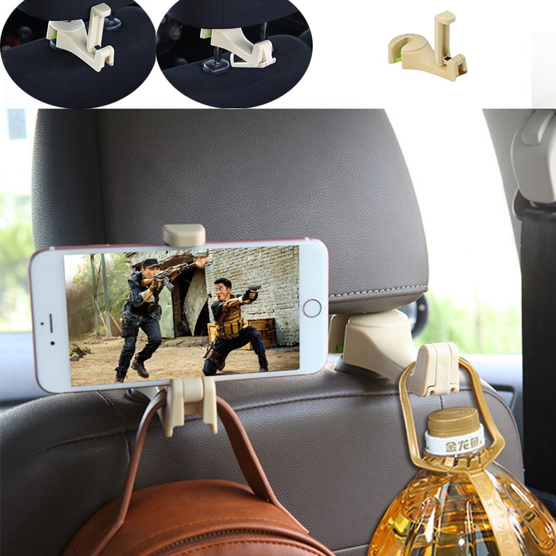 2in1 Car Headrest Hook with Phone Holder Seat Back Hanger Untuk Tas Handbag Dompet Grocery Cloth Portable Belakang Pemegang Telefon Bimbit Tablet Back Seat