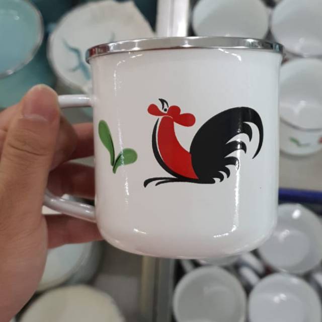 Mug kukuruyuk ayam jago enamel anti pecah jadul old