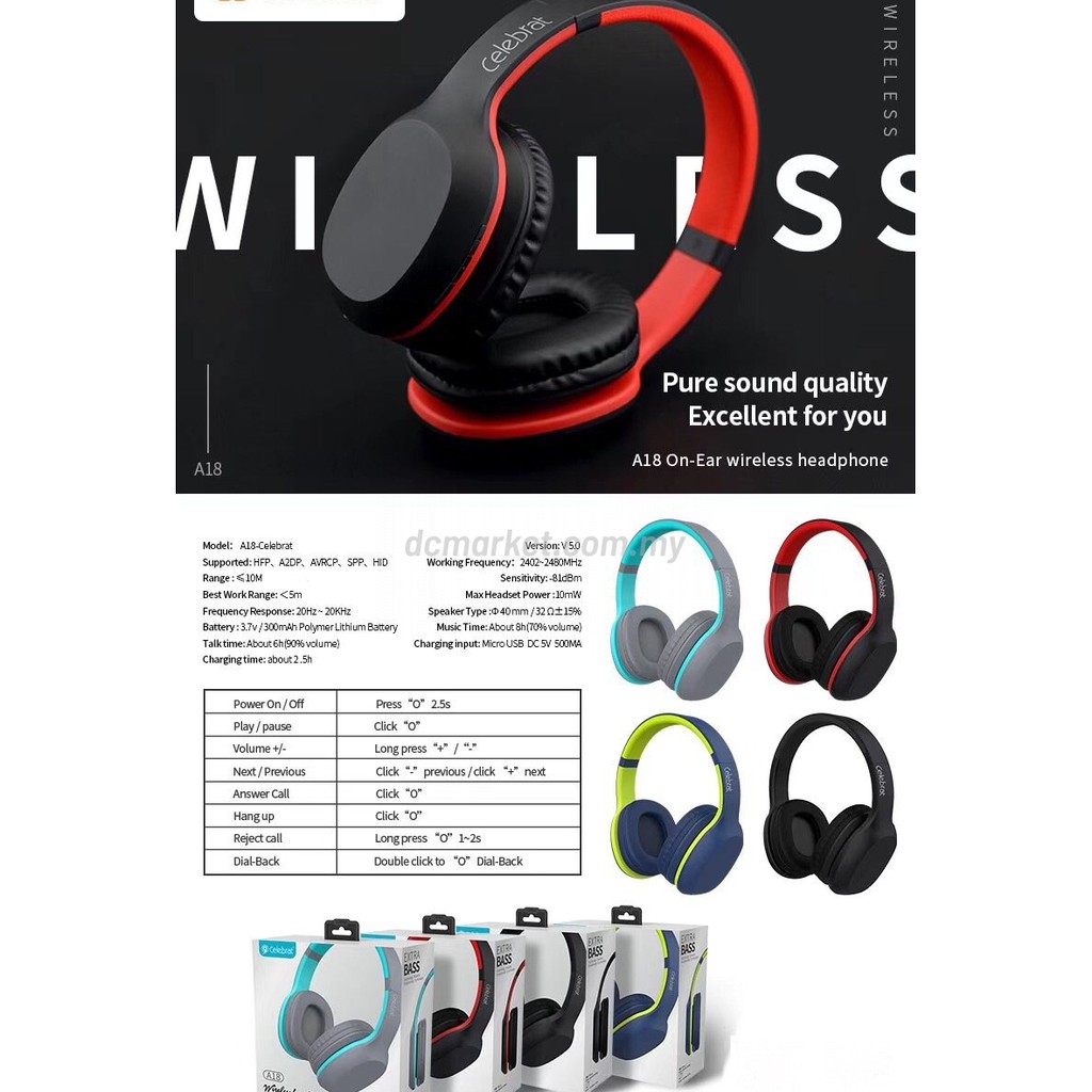 Headphone Wireless Celebrat A18