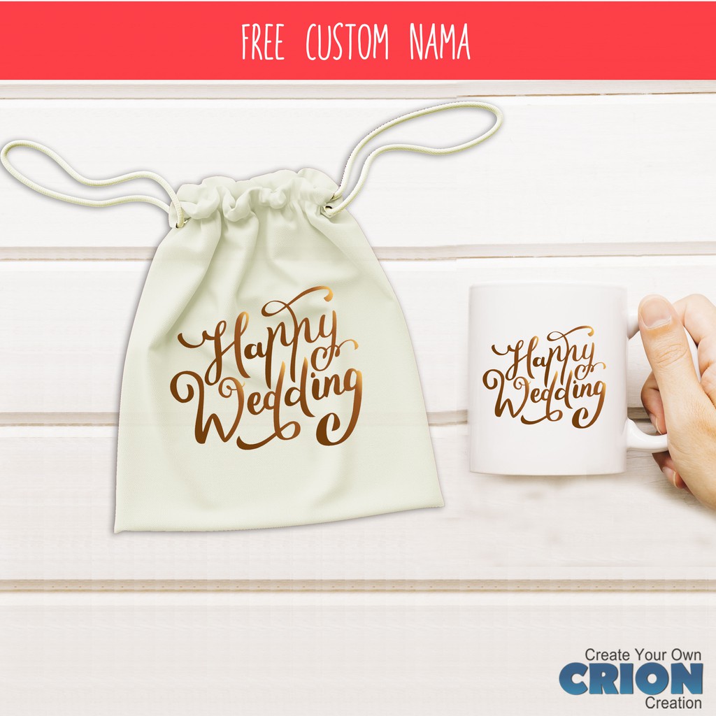 Mug Hampers Happy Wedding Pouch Bisa Custom Tulisan - By Crion