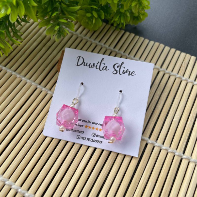 HANDMADE ANTING ANAK/DEWASA KAITAN PLASTIK MOTIF MUTIARA KOTAK