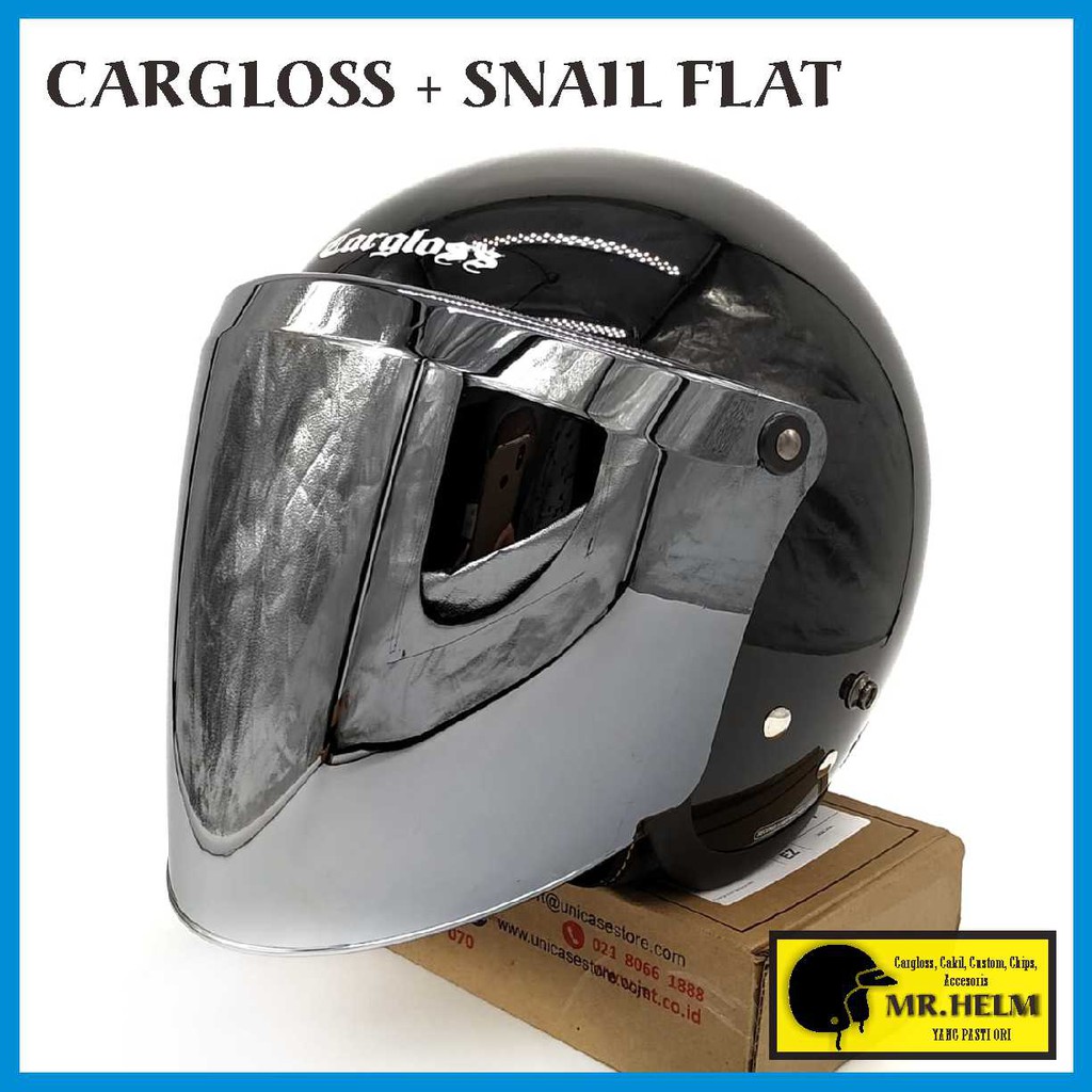 HELM CARGLOSS RETRO ORIGINAL DEEP BLACK + VISOR SNAIL CHROME PREMIUM QUALITY ( MR HELM )