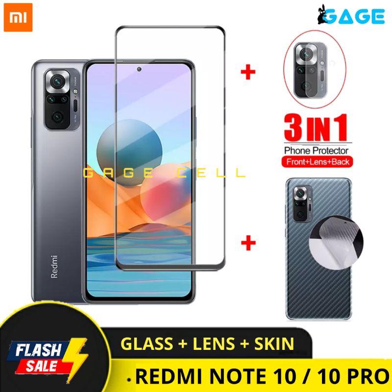 PROMO 3IN1 TEMPERED GLASS LAYAR KAMERA SKIN CARBON REDMI NOTE 10 / 10 PRO ANTI GORES DEPAN BELAKANG