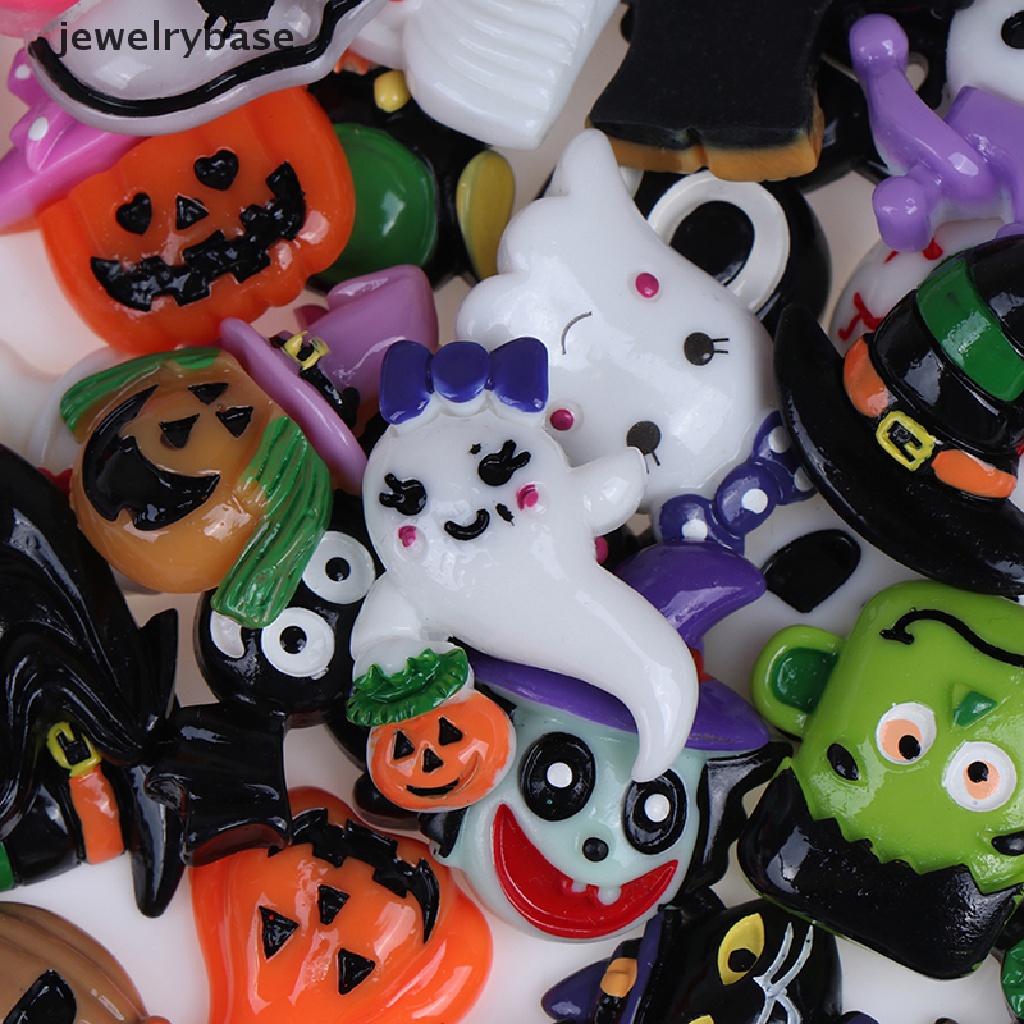 10 Pcs cabochon flatback Desain Labu Hantu Halloween Bahan resin