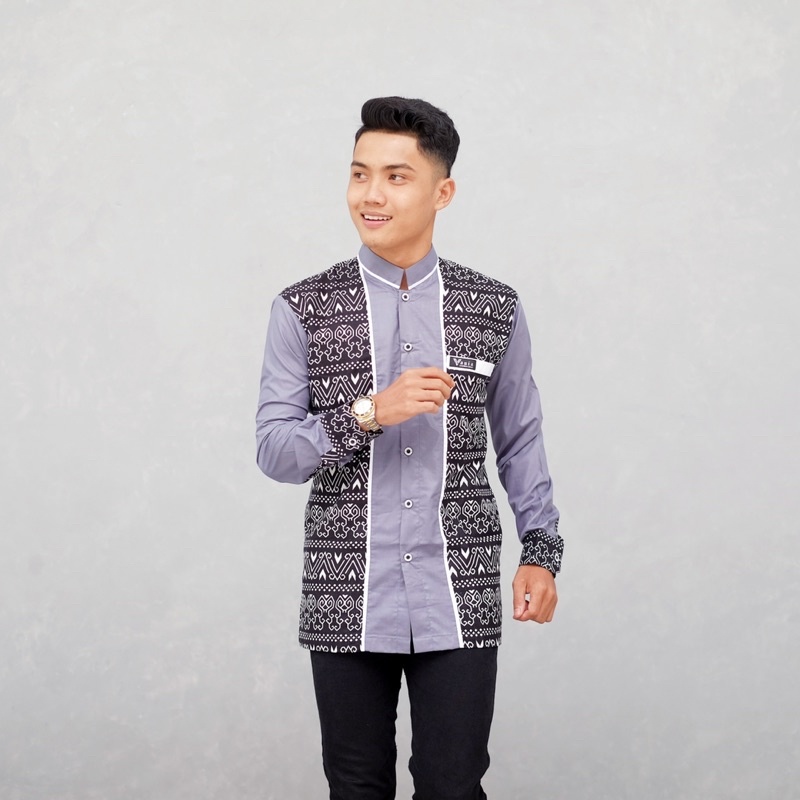 Baju Koko Pria Lengan Panjang Kombinasi Batik Motif suku Dayak Bahan katun Premium Original