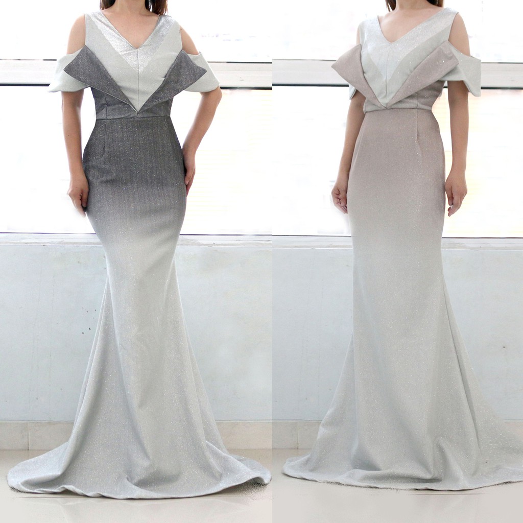 YKlongdress 1350 kerah V gown gradasi silver pink long dress maxi kondangan party wedding mermaid