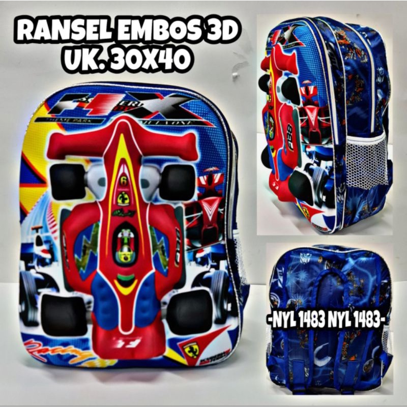 Ransel Embos 3D Motif Mobil Tas Ransel anak sekolah SD laki-laki