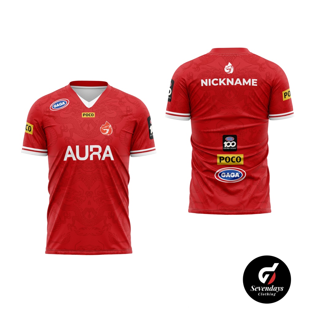 Jersey ESPORT AURA FIRE 2022 MERAH DAN HITAM GAMING FREE CUSTOM NICKNAME