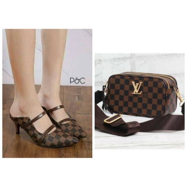 Heels & mini slingbag model LV motif kotak wanita santai pesta party cewek murah