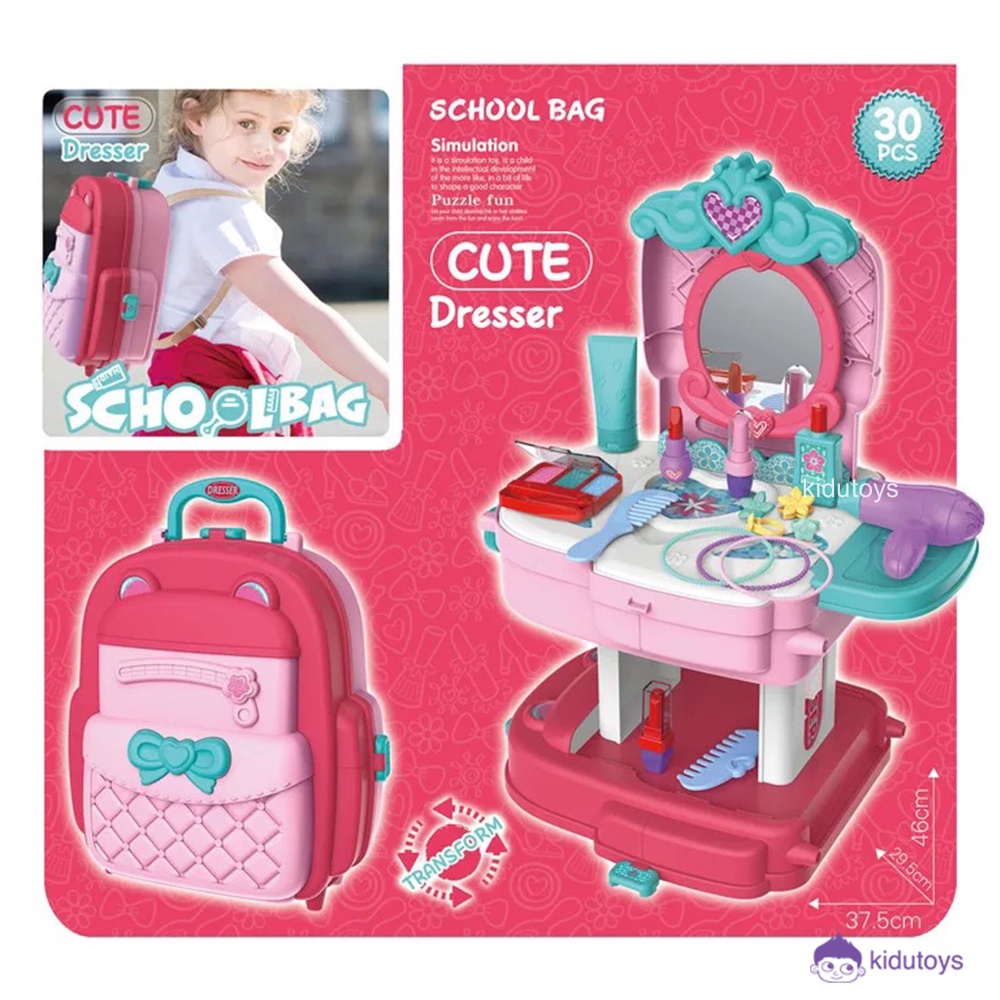 Mainan Anak Perempuan Dandan Make Up Tas Sekolah / School Bag Cute Dresser Make Up Kidu Toys