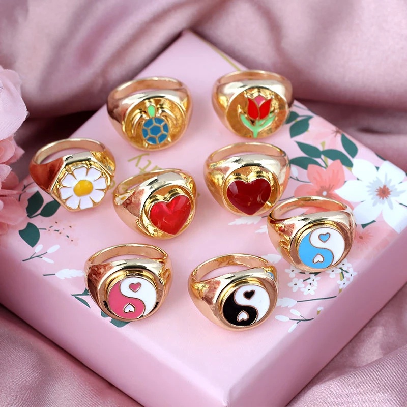 Personalized Colorful Yin Yang Gold Finger Ring Sweet Doublelayer Heart Gold Rings Women Jewelry Accessories