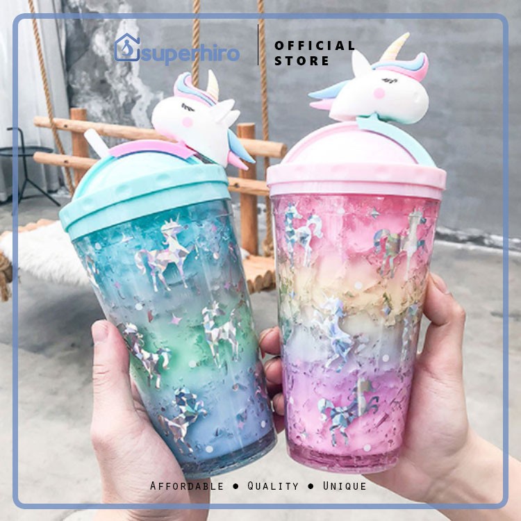 Botol Minum Gelas Anak Rainbow Unicorn Glitters Premium Hadiah Kado