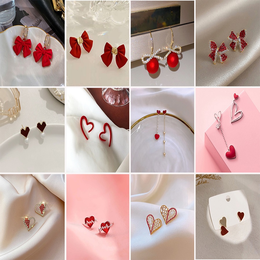 Korean Fashion Red Bow Pendant Paint Rhinestone Love Lady Stud Earrings Earrings Lucky Cute Jewelry Gift Best Accessories for Girlfriend